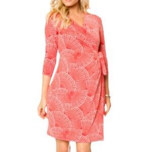 Pea in the Pod‎ Maternity Wrap Dress Red White Geometric V-Neck 3/4 Sleeves XS